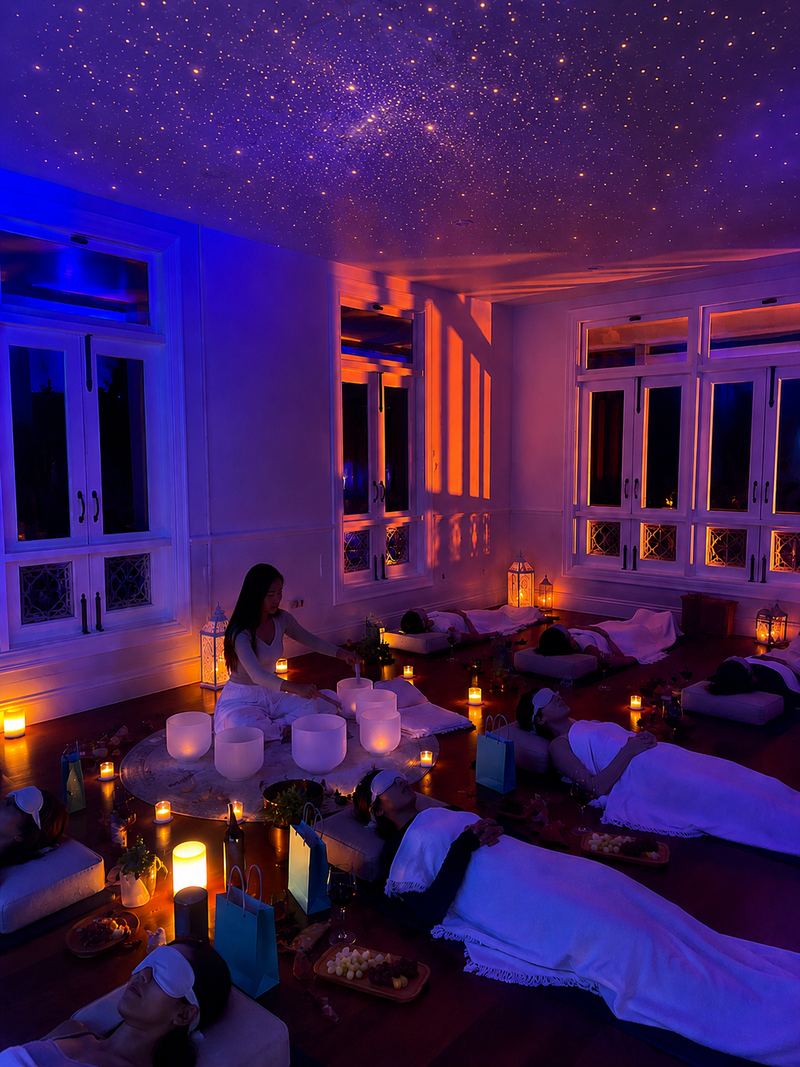 A cacao ceremony circle by candlelight beneath a projected starfield