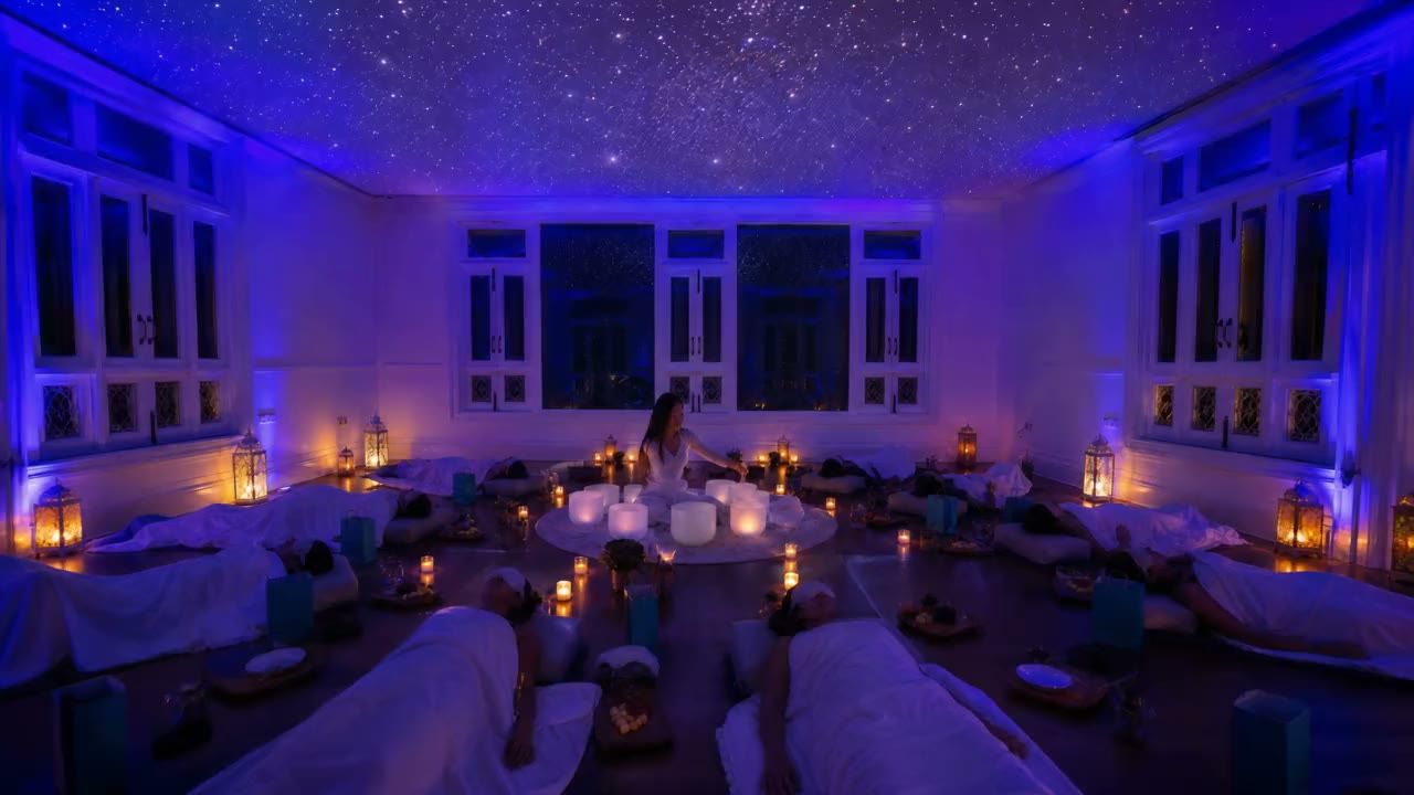 Guests resting on mats around a circle of crystal singing bowls at an indoor sound bath beneath a projected starfield