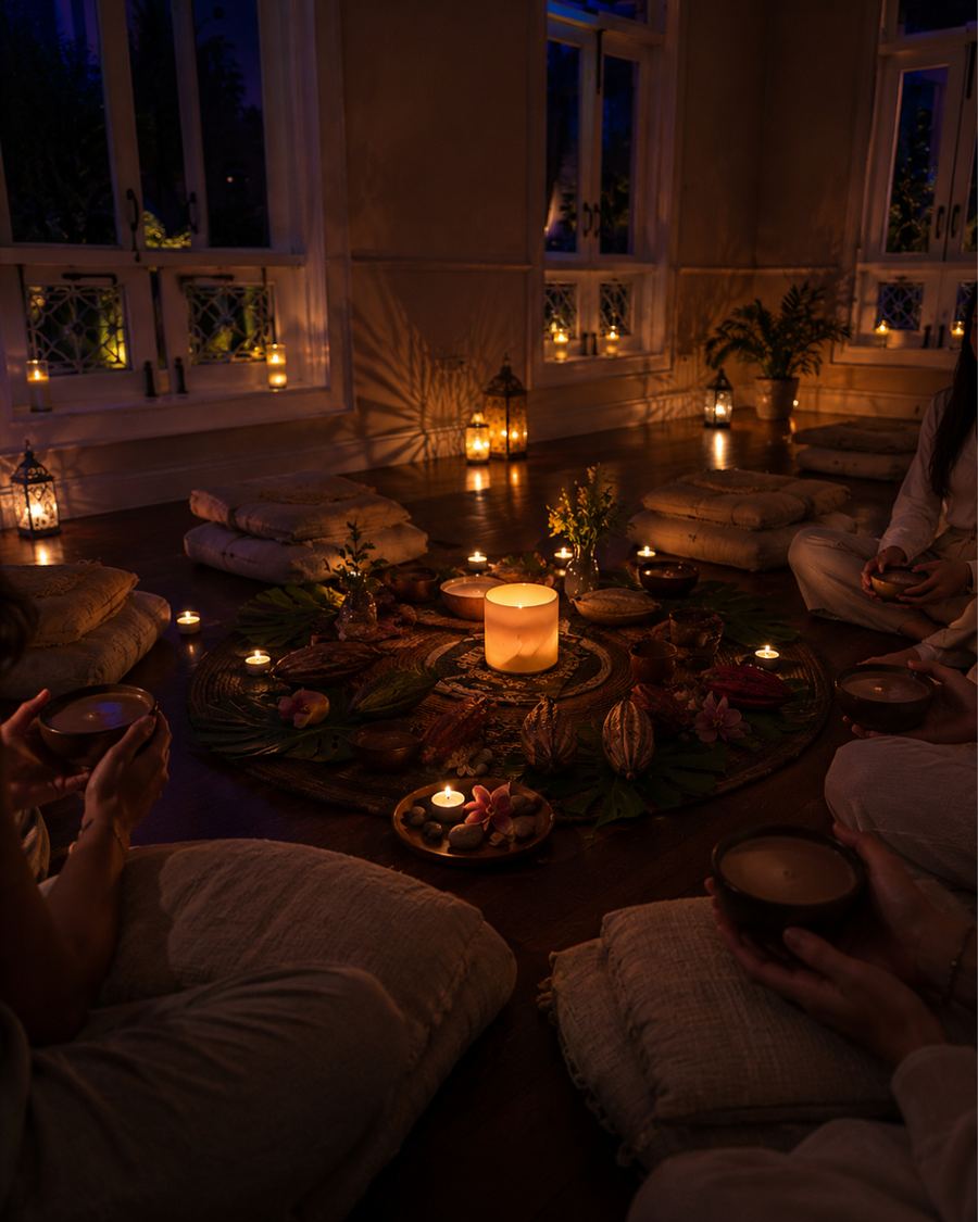 A cacao circle lit by candles at a private villa sound healing session